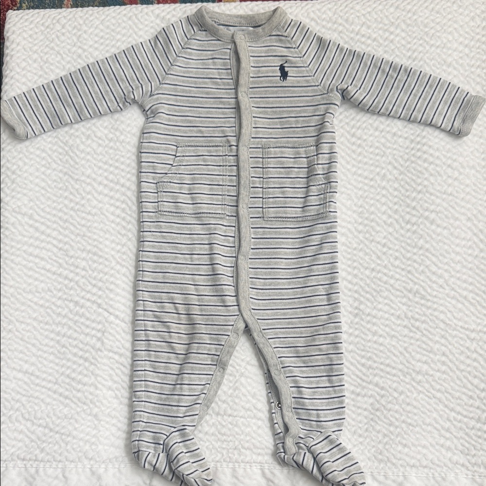Ralph Lauren Gray and Navy Striped Footed One-Piece
